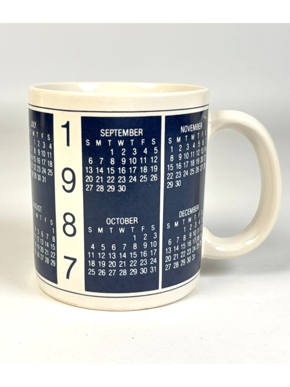 1987 12 Month Calendar Coffee Mug Stoneware Blue White Birthday Present